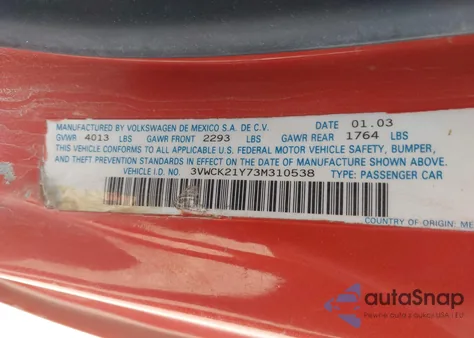 2003 Volkswagen New Beetle Gls из США, поврежденный, VIN 3VWCK21Y73M310538